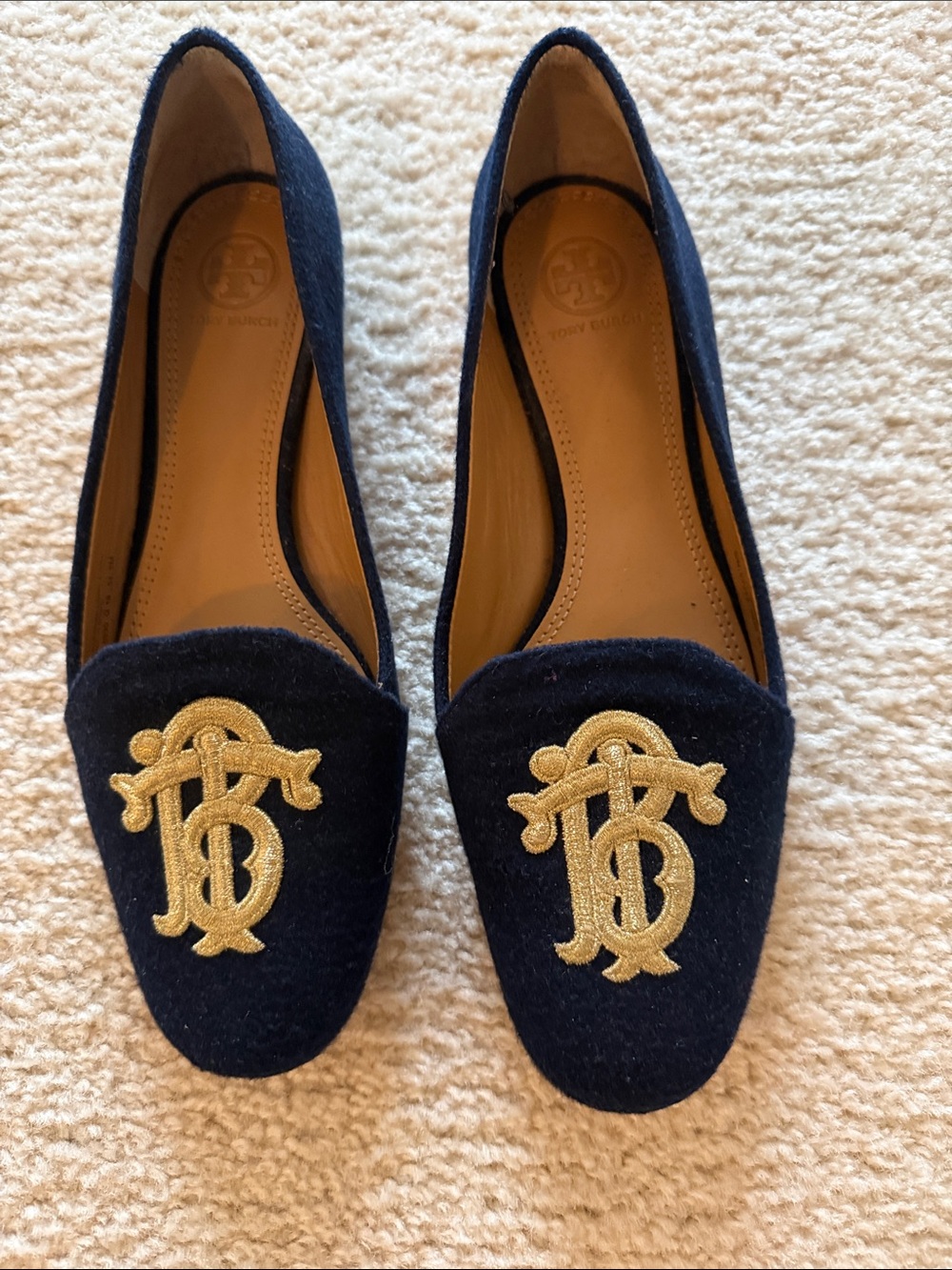 Tory Burch Navy Velvet Loafers with Gold Embroidered Logo